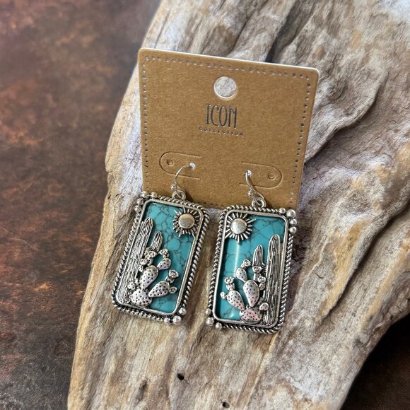 NEW Blue Turquoise Western Cactus Earrings - Picture 1 of 1